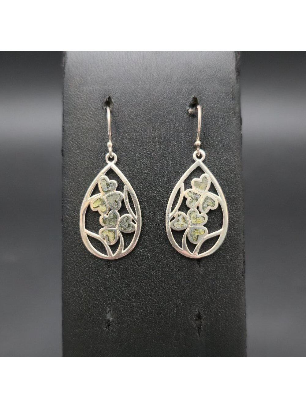Sterling Silver Connemara Marble Shamrock Teardrop Openwork Dangle Earrings A855